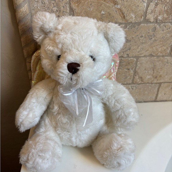 Other - White Plush Teddy Bear with Bow and Angel Wings Vintage Toy Stuffed Animal